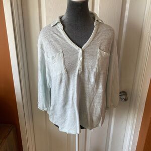 Chico’s Blouse Women’s Size 2P V Neck 3/4 Sleeve Green Sheer Linen